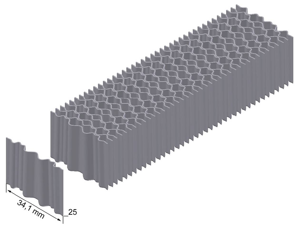Isometrický diagram vlnitého panelového prvku, znázorňující šířku 34,1 mm a výšku 25 mm.