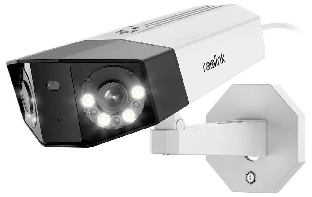 Kabelovaná bezpečnostní kamera Reolink s vestavěnými infračervenými světly namontovanými na nástěnném držáku, zobrazená v produktovém stylu na bílém pozadí
