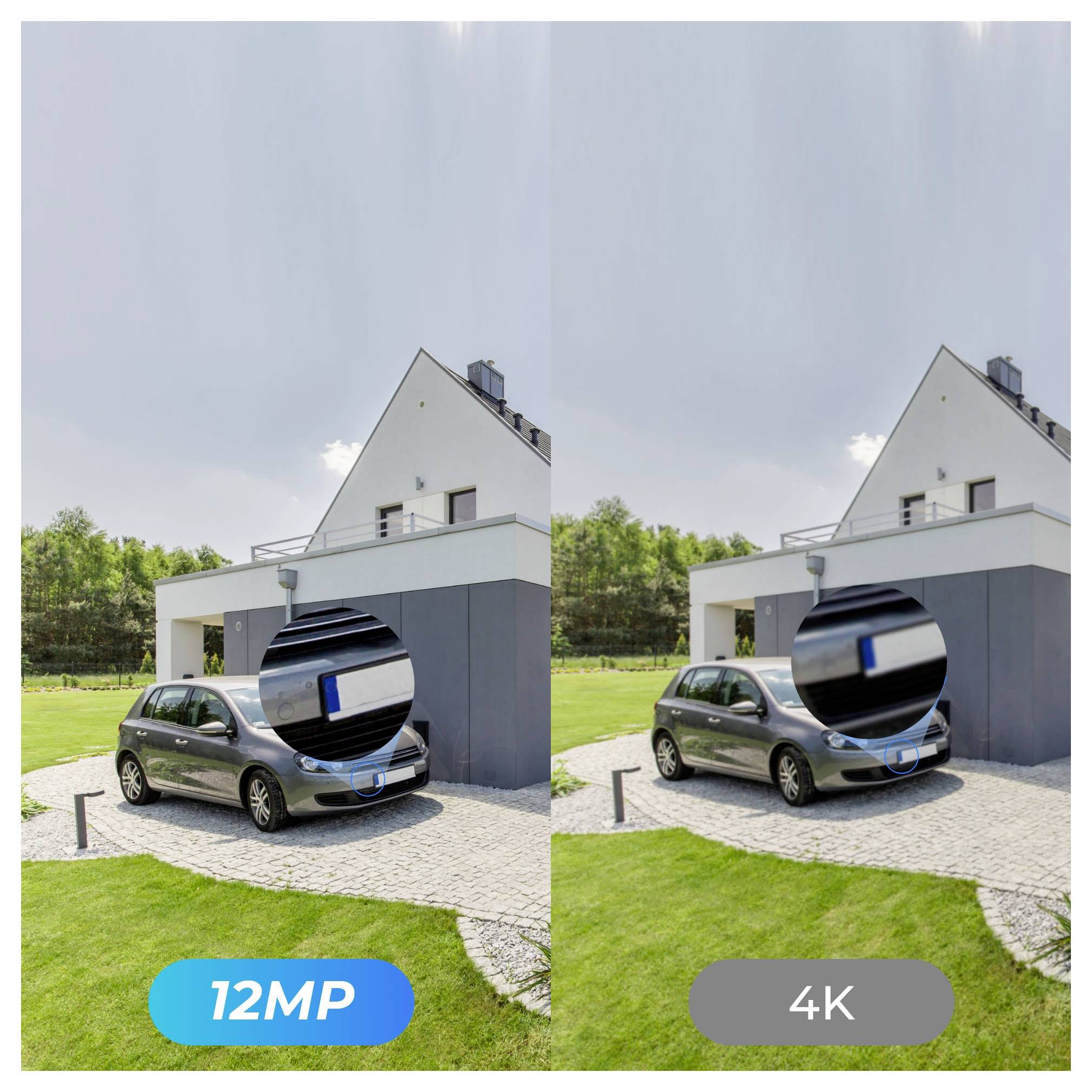 Porovnání vedle sebe stejné fotografie domu a auta označené '12MP' a '4K', které ukazuje jasnější zvětšený detail v 4K verzi.