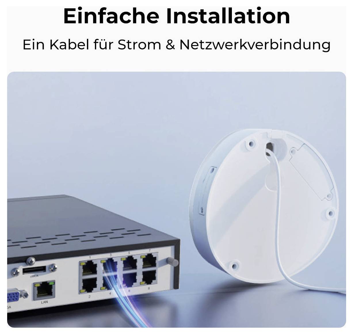 Grafika německého produktu znázorňující síťový box s porty Ethernet a zásuvku na zdi, označená "Snadná instalace" a "Jeden kabel pro napájení a síťové připojení"