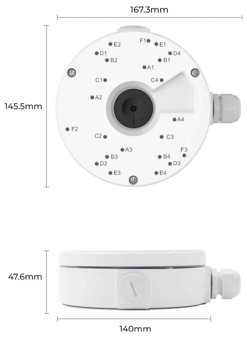 Technické schéma kulatého zařízení s označenými body a rozměry: 167,3 mm šířka, 145,5 mm výška, 140 mm šířka základny a 47,6 mm výška v bočním pohledu.