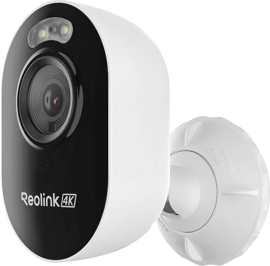 Bezpečnostní kamera Reolink 4K s bílou montáží, zobrazená čelně na jednolitém pozadí.