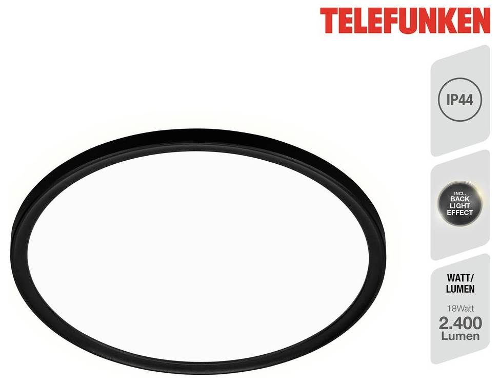 Telefunken oválné černé LED stropní světlo s hodnocením IP44, s odznakem 18W a 2 400 lumenů zobrazeným vpravo.