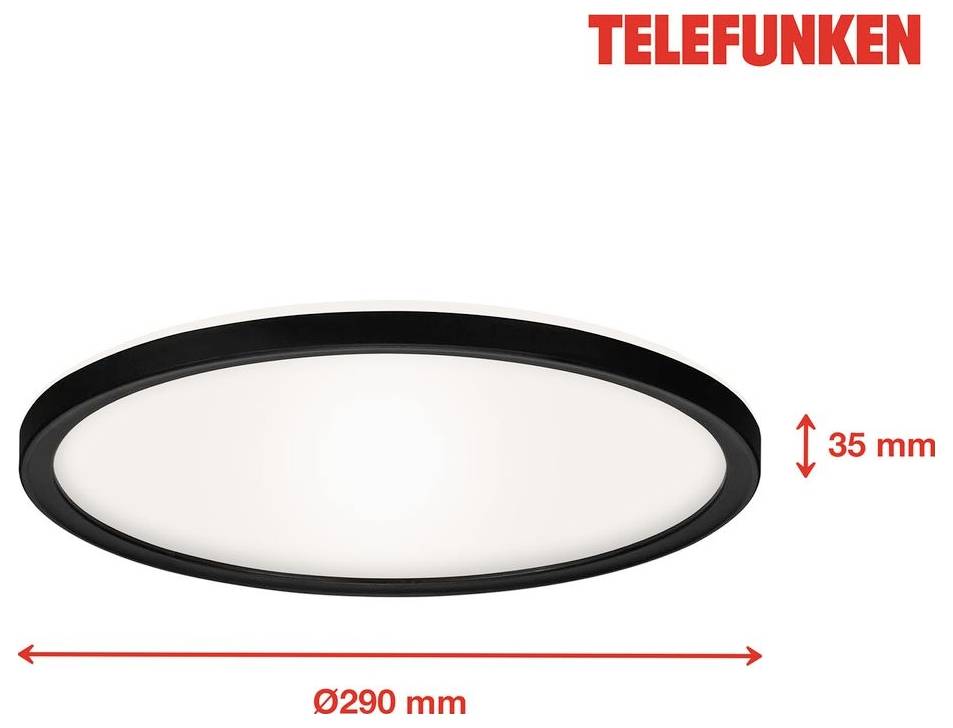Kulatá stropní LED lampa Telefunken zobrazená s rozměry: průměr 290 mm a výška 35 mm.