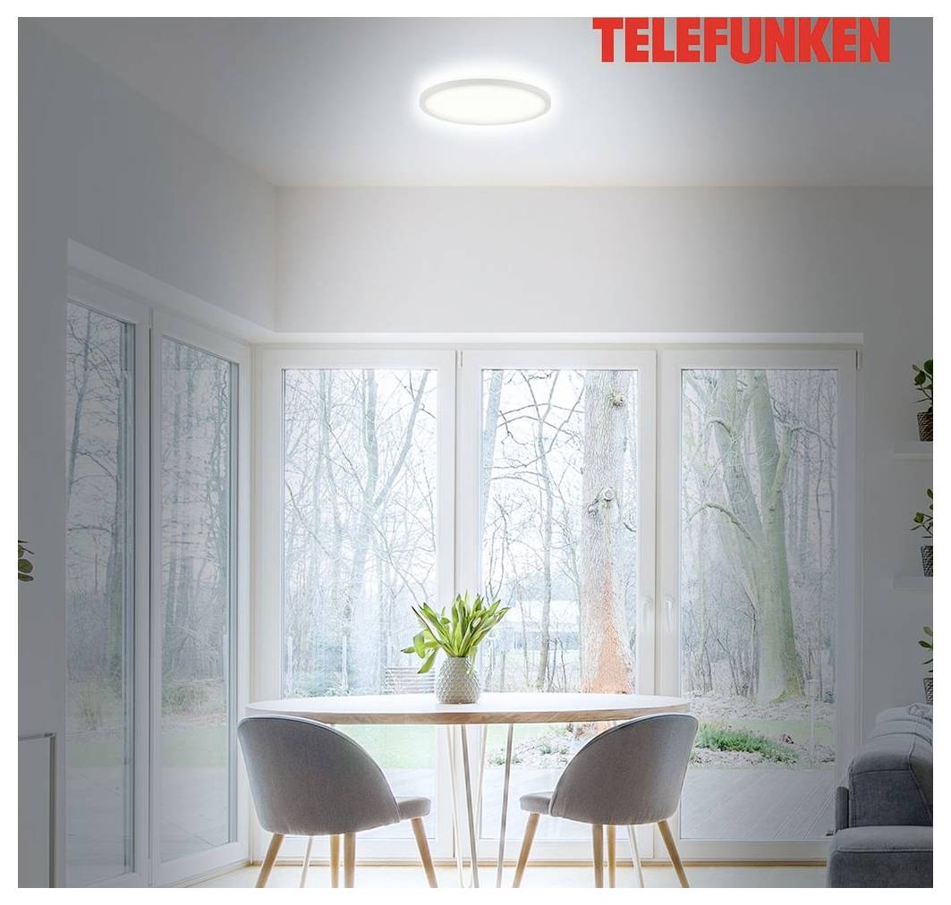 Světlý minimalistický jídelní koutek s kulatým stolem, dvěma šedými židlemi, velkými okny s výhledem na les a stropním světlem značky TELEFUNKEN.