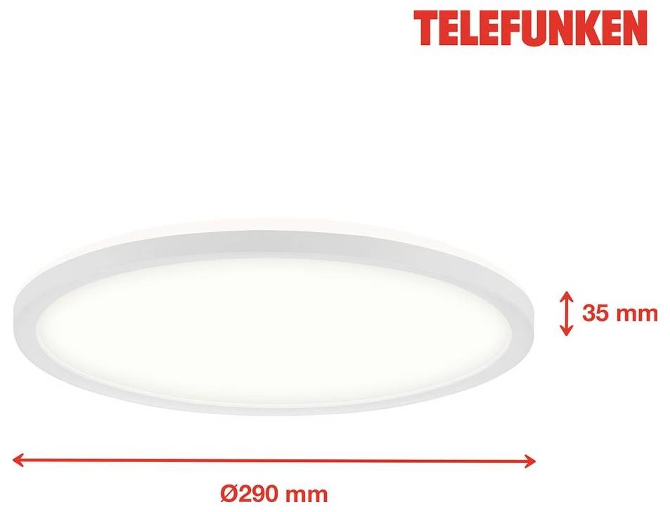 Kulatá stropní lampa Telefunken, zobrazena v bílé barvě, s průměrem 290 mm a výškou 35 mm.