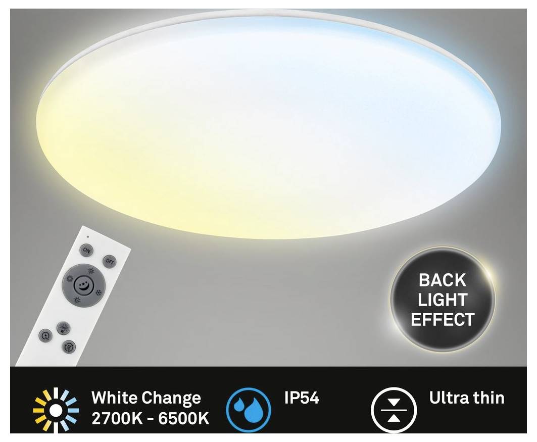 Kulatité LED stropní osvětlení s dálkovým ovládáním, s efektem zpětného osvětlení, bílá barva v rozsahu 2700K-6500K, IP54, a ultra tenký design.
