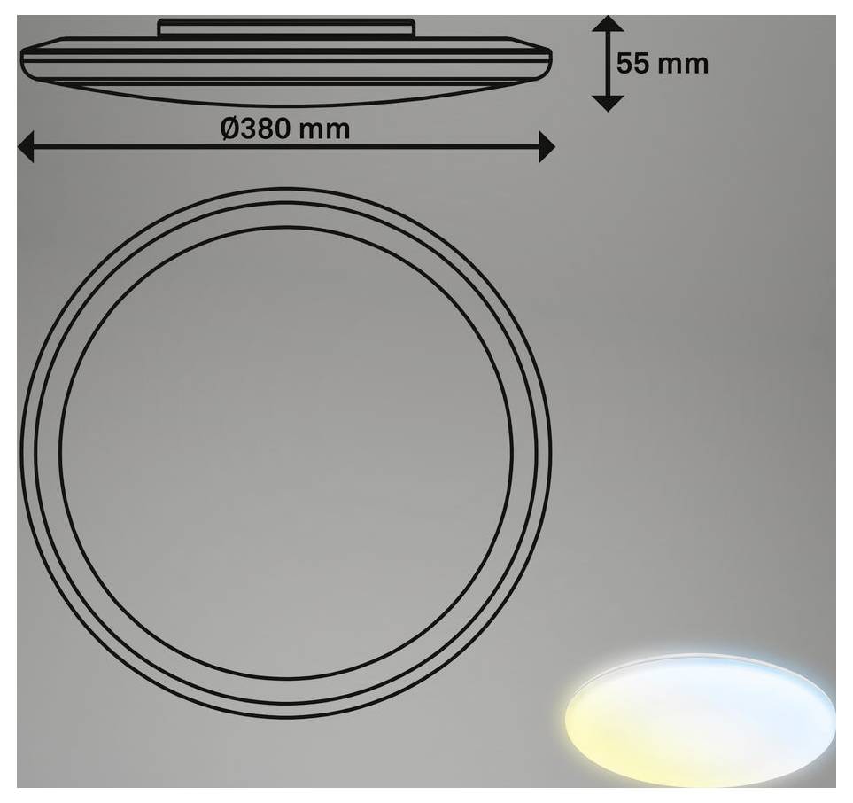 Diagram kulatého stropního osvětlení s rozměry: průměr 380 mm a výška 55 mm, s pohledem zepředu a zboku a osvětleným vzorkem záře.
