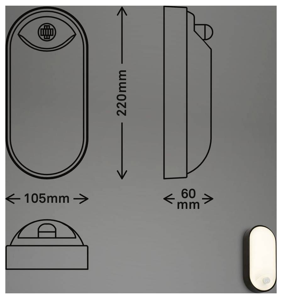 Diagram rozměrů produktu pro nástěnné světlo: výška 220 mm, šířka 105 mm a hloubka 60 mm, zobrazeno v přední, boční a spodní perspektivě.