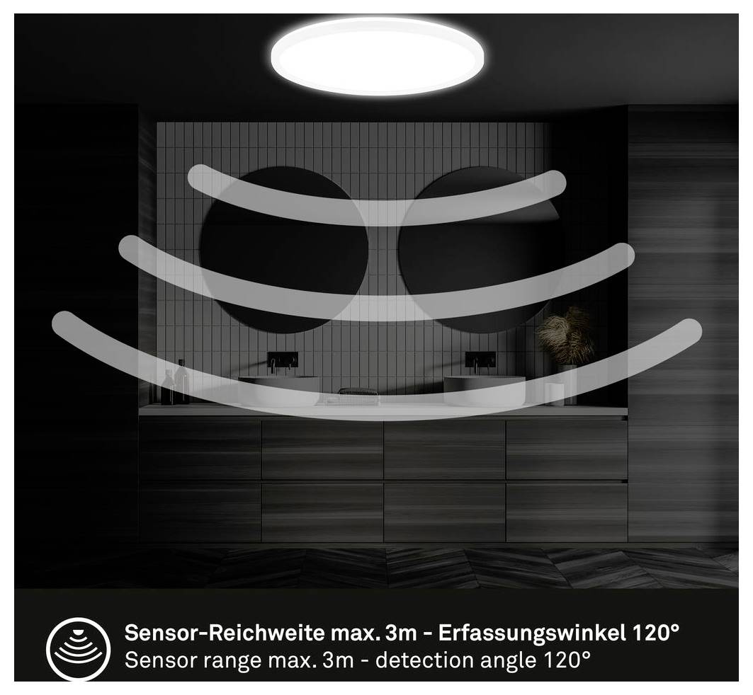Zrcadlo na umyvadlo do koupelny se senzorem detekce grafika znázorňující maximální dosah 3 m a úhel detekce 120°; text v němčině a angličtině níže.