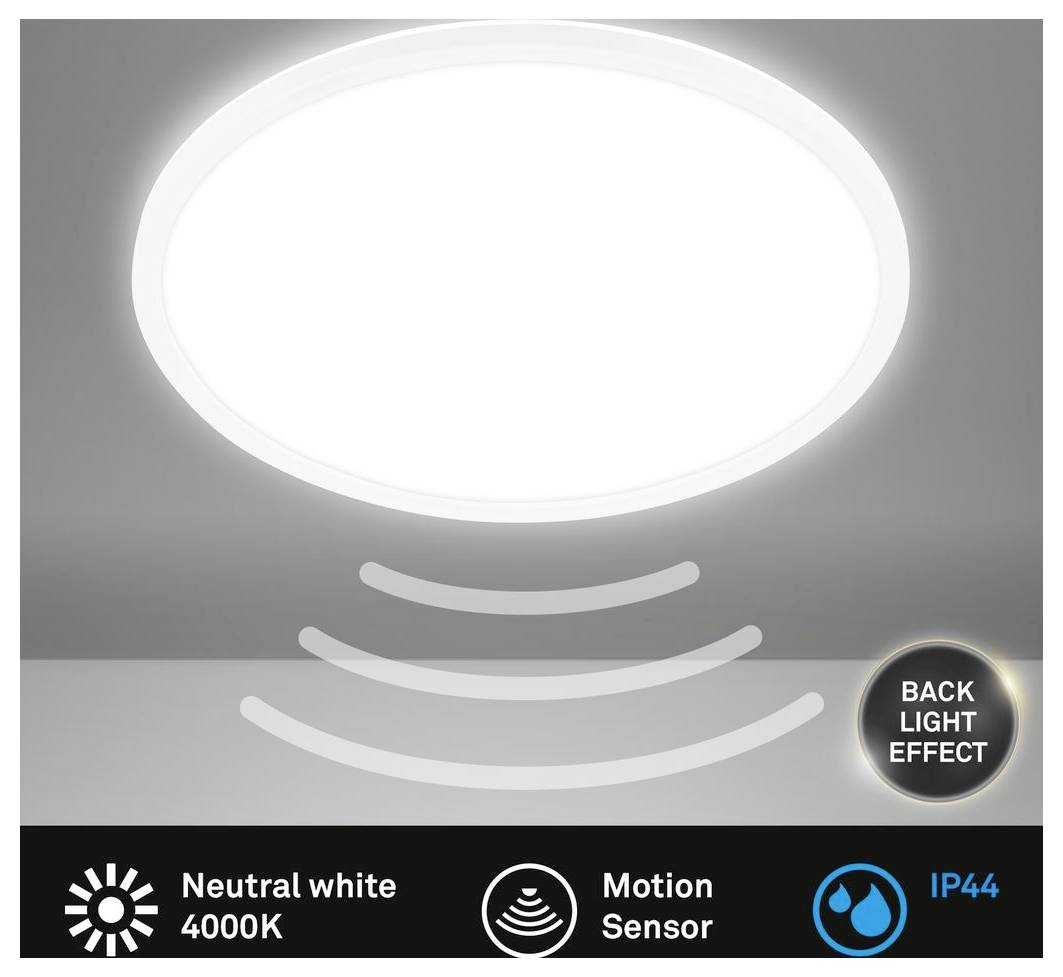 Kulatité LED stropní svítidlo s efektem zpětného osvětlení; štítky uvádějí neutrální bílou 4000K, senzor pohybu a třídění IP44.