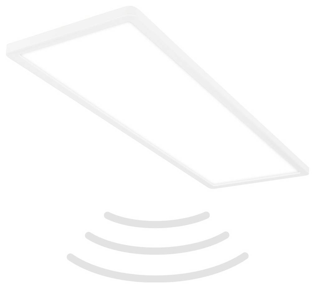 Minimalistická ikona stropního senzoru pohybu se světlem, zobrazená jako bílý obdélníkový panel s zakřivenými detekčními vlnami pod ním.