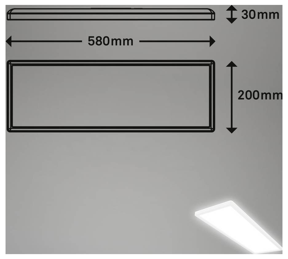 Schéma obdélníkového světelného panelu, označeného šíře 580 mm, výšce 200 mm a tloušťce 30 mm, s osvětleným příkladem zobrazeným vpravo dole.
