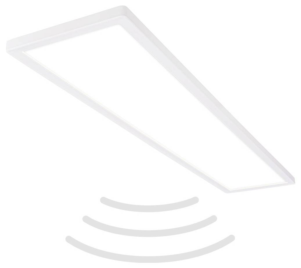 Stropní světelný panel se zakřivenými čarami pod ním znázorňujícími bezdrátovou aktivaci pohybu nebo senzoru.