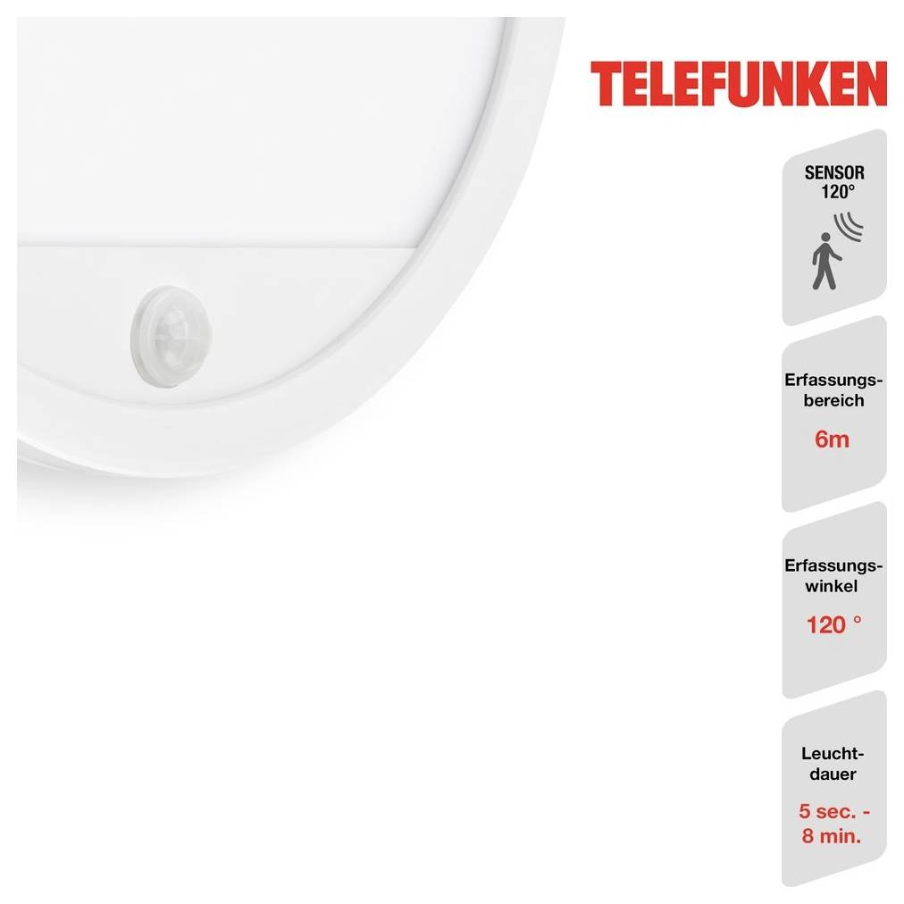 Telefunken senzor pohybu světlo s úhlem senzoru 120°, dosahem detekce 6 m a časem osvětlení 5 sekund až 8 minut.