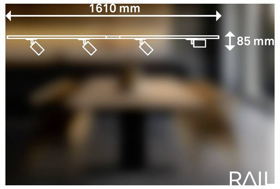 Diagram stropní kolejnicové svítidlo, zobrazující délku 1610 mm a výšku 85 mm se čtyřmi nastavitelnými svítidly.