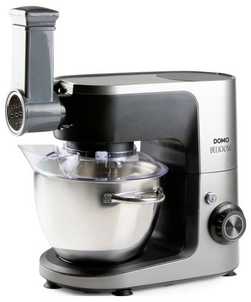 Elektrický stojanový mixér s připojeným mlýnkem na maso a nerezovou mískou na míchání, označený nápisem „DOMO DELICIOSO" na boku.