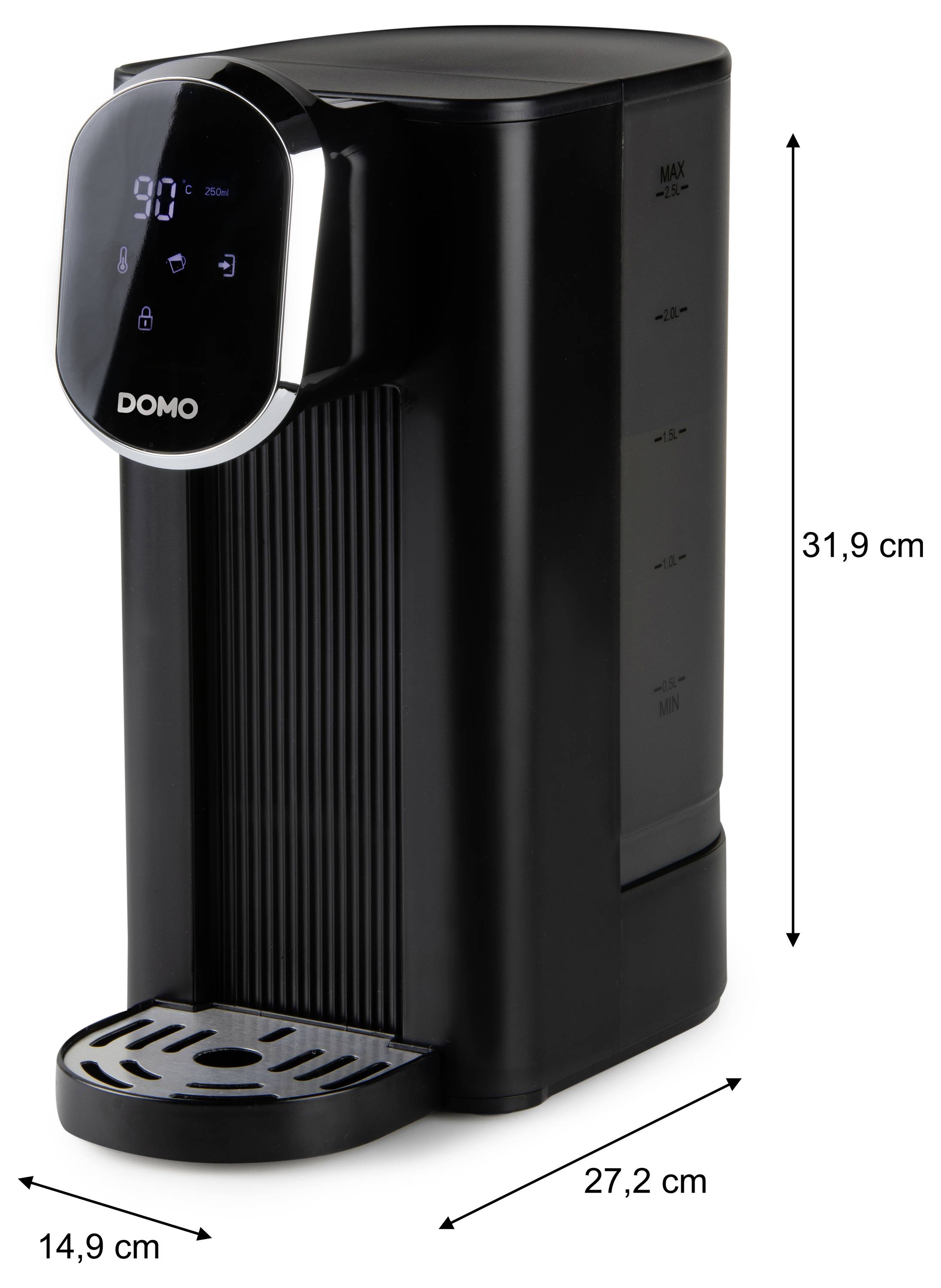 Černý Domo ohřívač horké vody s digitálním displejem a odkapávací mističkou, rozměry 31,9 cm vysoký, 27,2 cm hluboký, 14,9 cm široký.