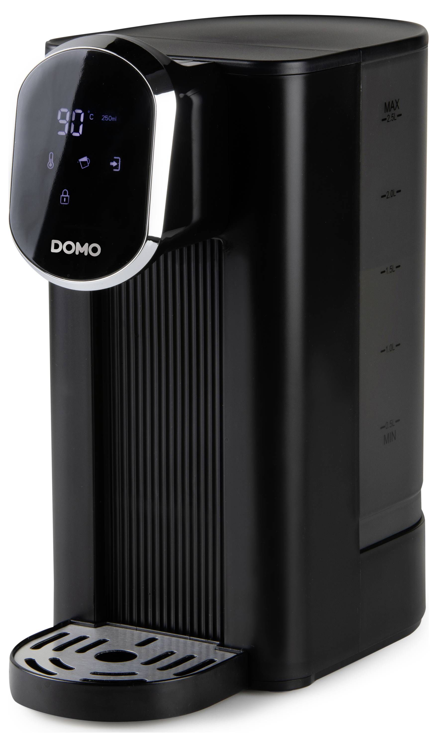 Černý DOMO dispenzér vody s digitálním displejem, tlačítkovým ovládáním a odkapávací mističkou pro výdej horké vody.