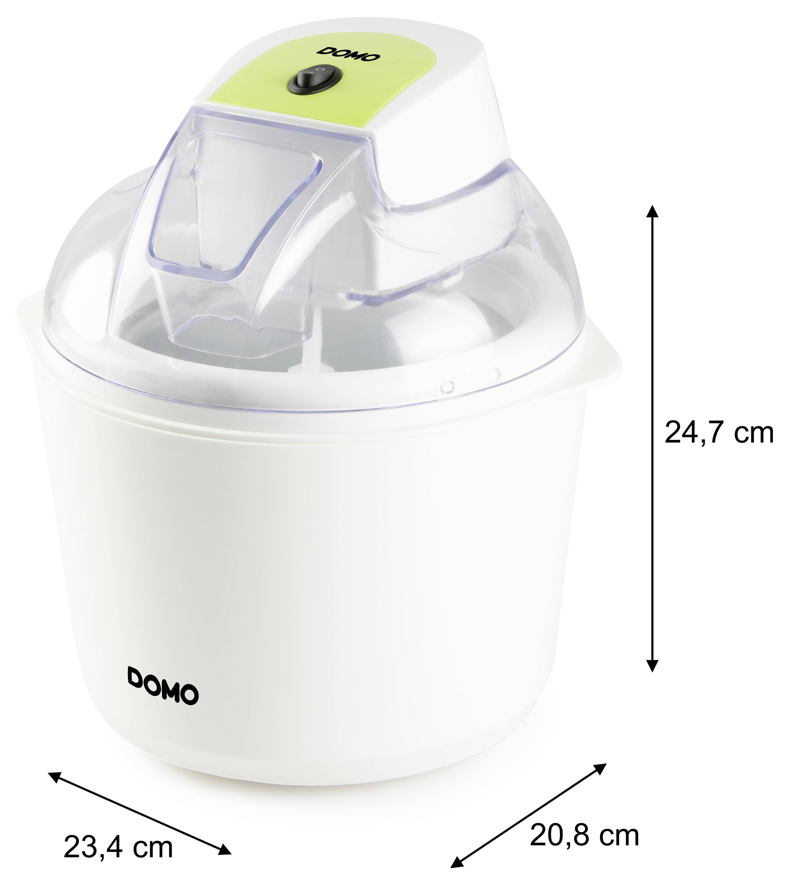 Obrázek produktu kuchyňské domácího zařízení DOMO s průhledným víkem, zobrazující rozměry: 24,7 cm vysoké, 23,4 cm širokého a 20,8 cm hlubokého.