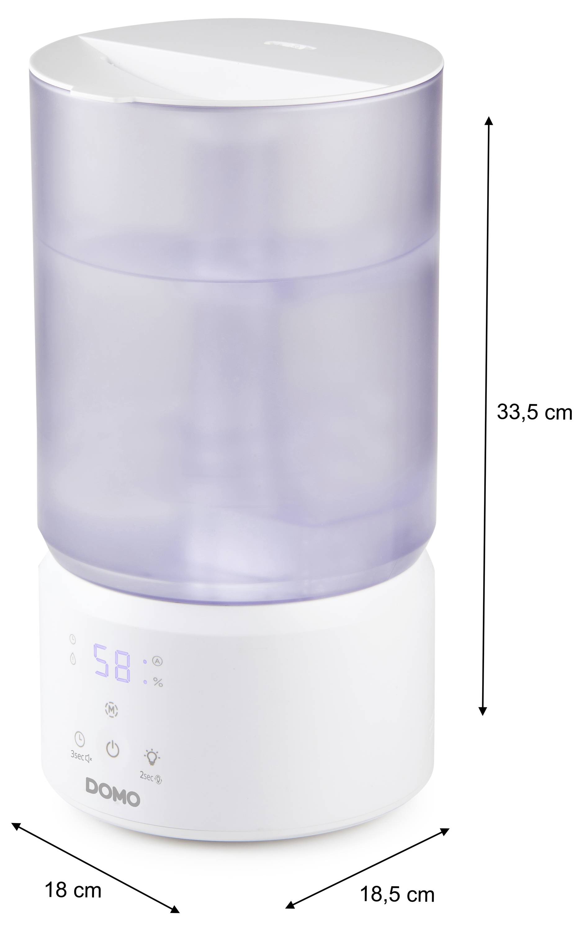 Obrázek produktu cylindrického zvlhčovače DOMO se zobrazenými rozměry: výška 33,5 cm, šířka 18 cm a hloubka 18,5 cm.