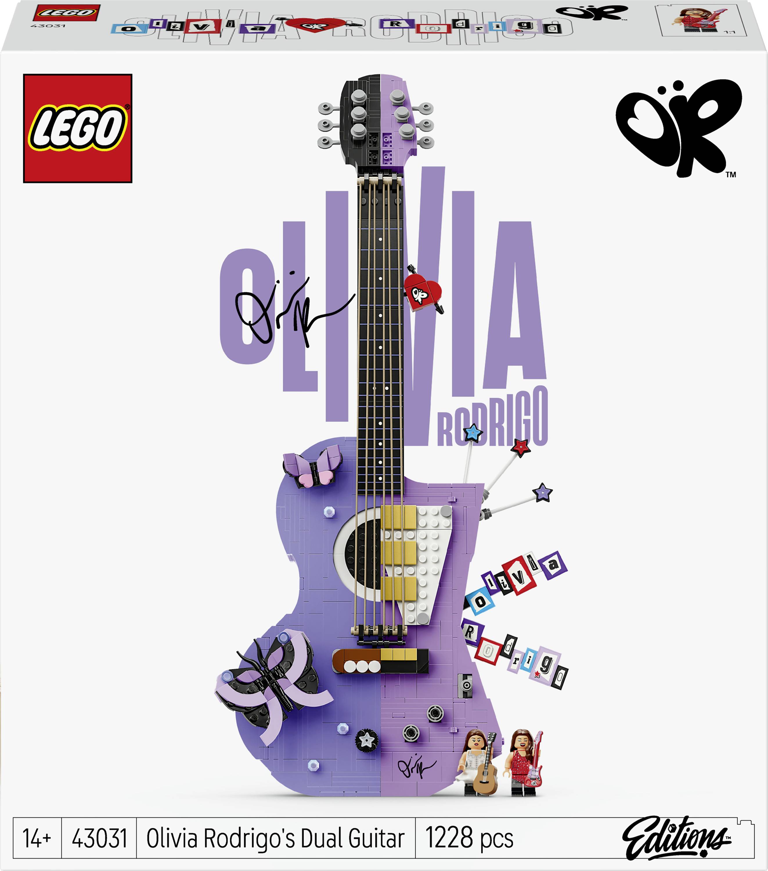 LEGO Icons krabice pro sadu Dual Guitar od Olivie Rodrigo, s obrázkem fialové dvanáckostrunné kytary, logem LEGO, jménem Olivie Rodrigo a věkovým omezením 14+; 1 228 dílků.