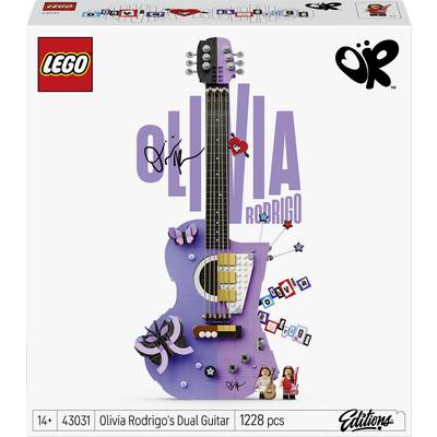 LEGO Icons krabice pro sadu Dual Guitar od Olivie Rodrigo, s obrázkem fialové dvanáckostrunné kytary, logem LEGO, jménem Olivie Rodrigo a věkovým omezením 14+; 1 228 dílků.