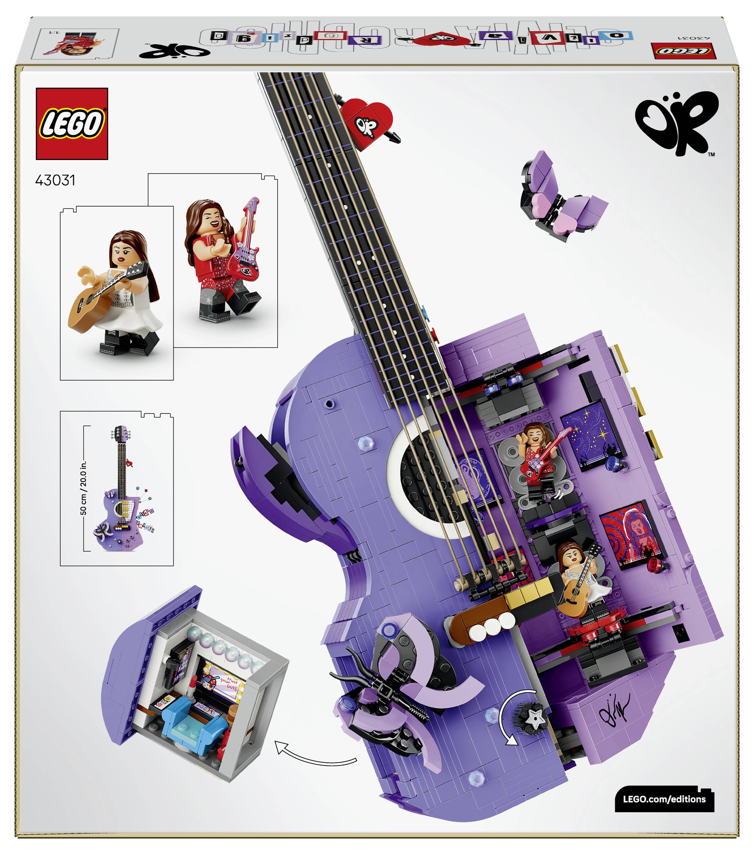 Plakát sady LEGO Ideas 43031 zobrazující fialovu kytarově tvarovanou hudební skřínku s minifigurkami, včetně vložených pohledů na zahrnuté figurky a skrytého prostoru.