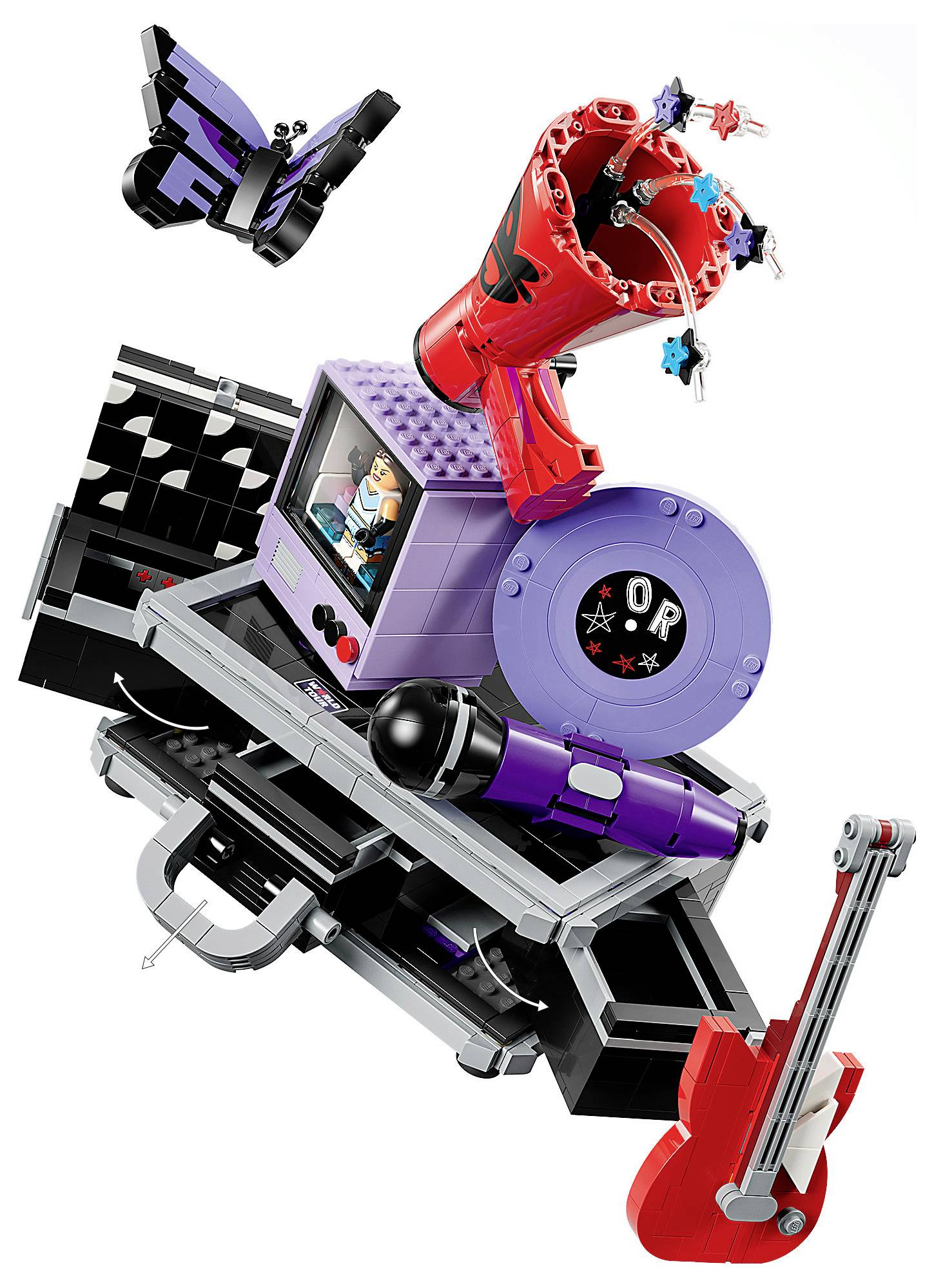 Sestava laserové zbraně robota ve stylu LEGO s červeným dělem, fialovým hlavní, černou základnou a malými příslušenstvími na bílém pozadí.