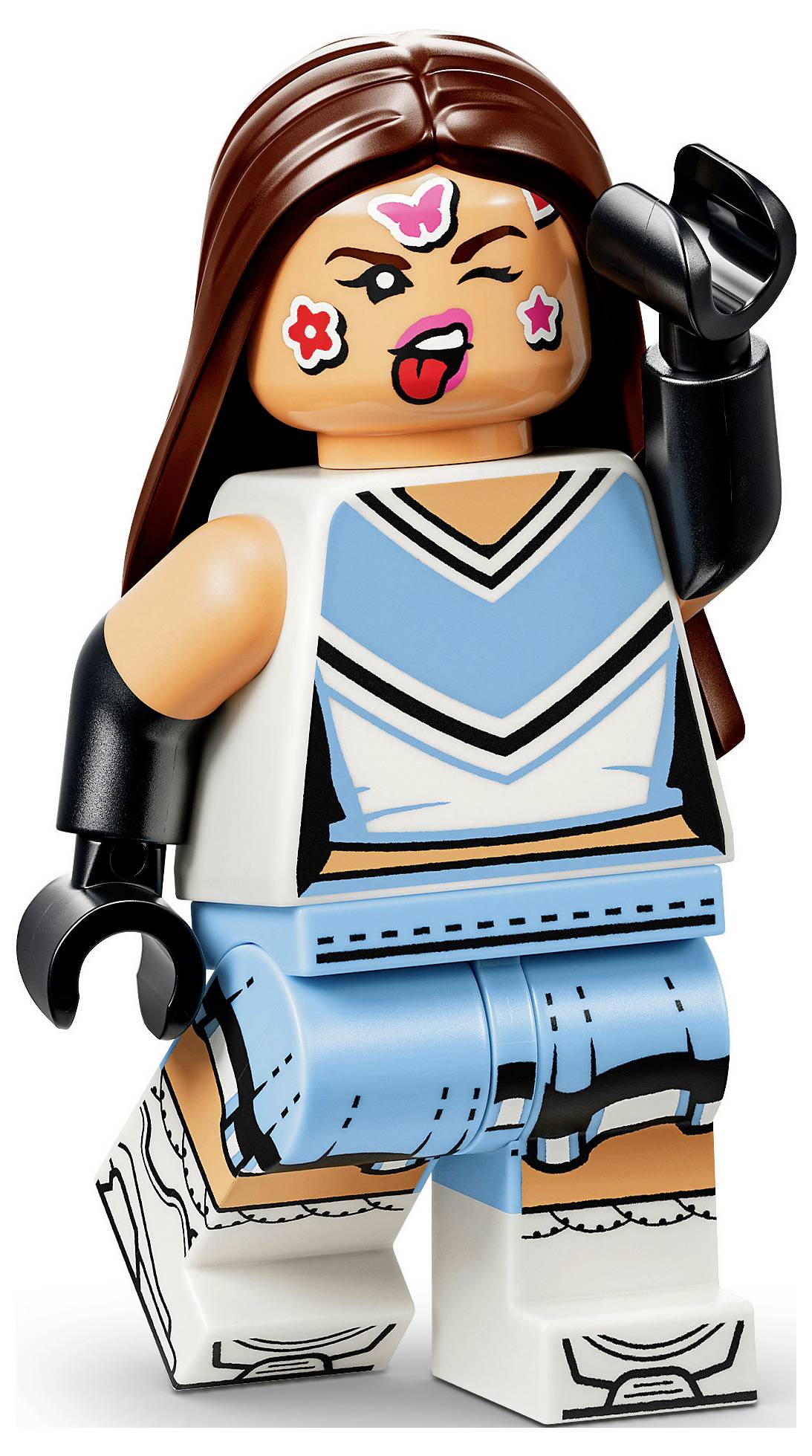 Figurka Lego ve stylu minifigurky zobrazující ženu s dlouhými hnědými vlasy, obličejovými nálepkami, modro-bílým oblekem a jednou rukou zvednutou blízko její hlavy.
