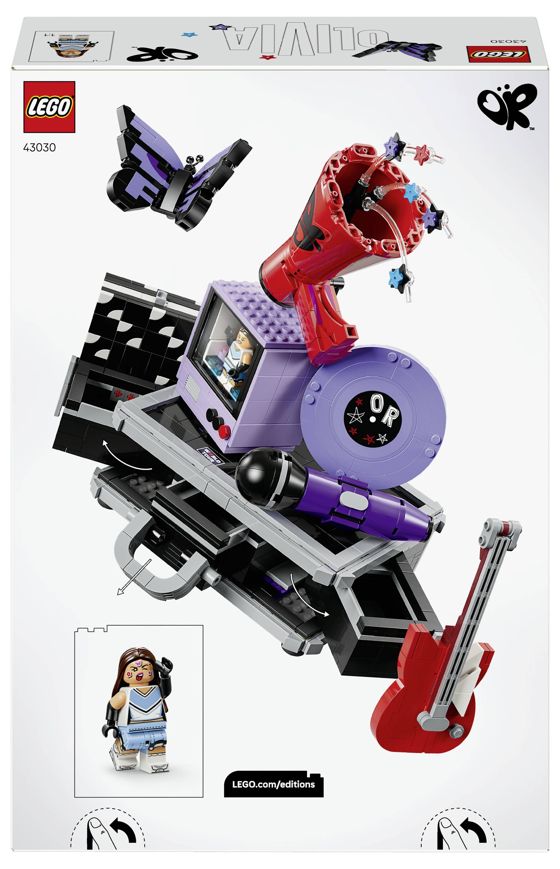 Popis krabice LEGO sady 43030 'NEBO', zobrazující fialovo-červený mechanický stroj s figurkou a malými příslušenými stavbami.