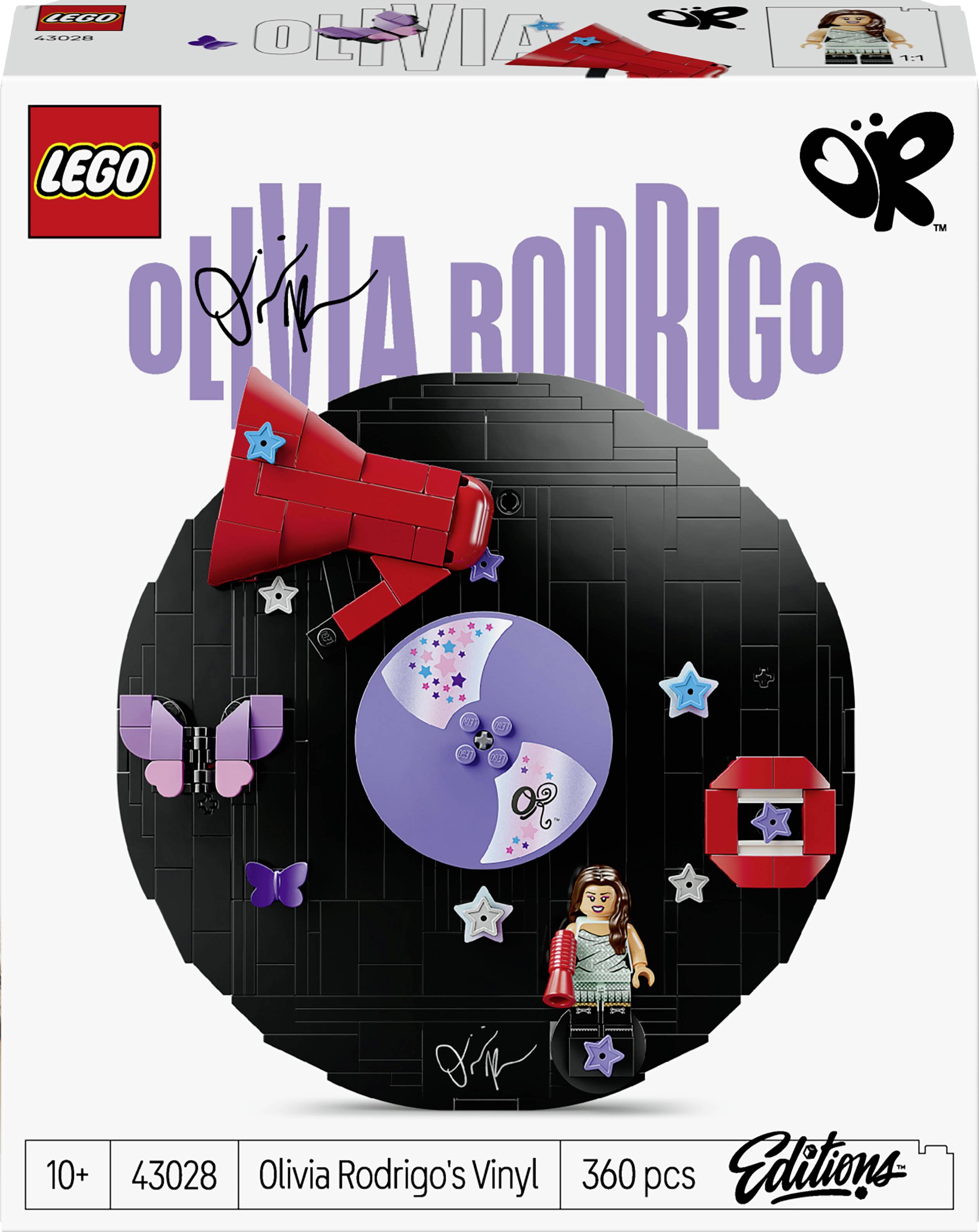 LEGO Icons Sada Olivia Rodrigo Vinyl s krabicí obsahující černou desku, červený megafon, motýly, minifigurku Olivie a text '43028'/'360 ks'.