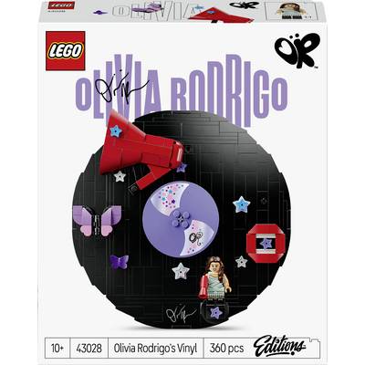 LEGO Icons Sada Olivia Rodrigo Vinyl s krabicí obsahující černou desku, červený megafon, motýly, minifigurku Olivie a text '43028'/'360 ks'.