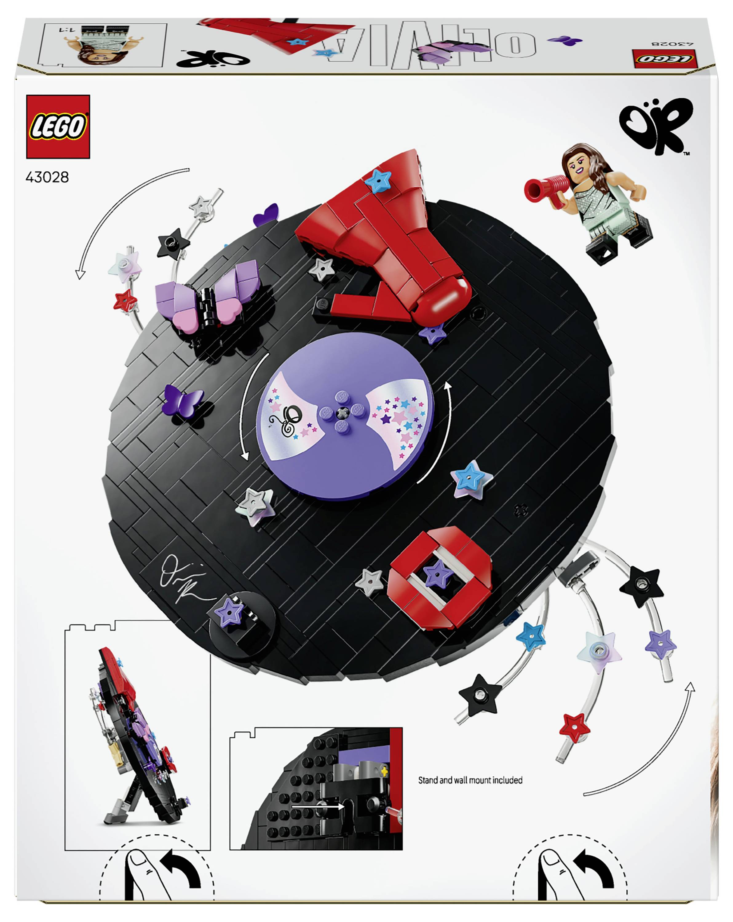 LEGO sada 43028 obalová grafika zobrazující otočný nástěnný displej s barevnými hvězdičkami a planetárními dekoracemi, figurkou a detaily stavby.