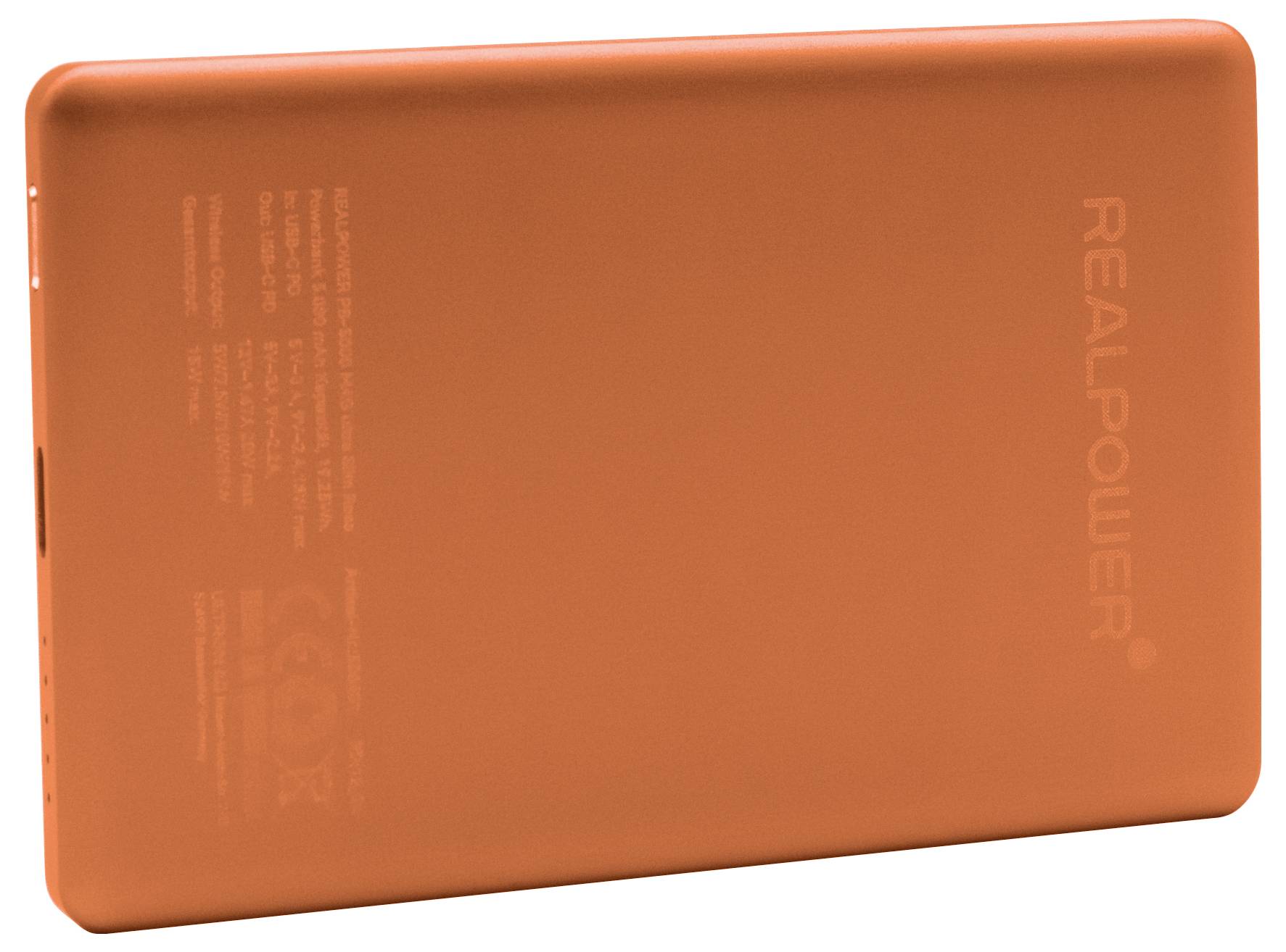 Přenosná powerbanka Orange Realpower zobrazená zezadu s názvem značky a malým regulačním textem vytištěným na obalu.