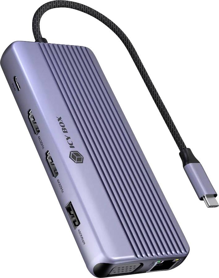 Stříbrný USB-C hub s pletencovým kabelem, vybavený více porty včetně USB-A, HDMI a napájením v kompaktním pouzdře s vroubky.