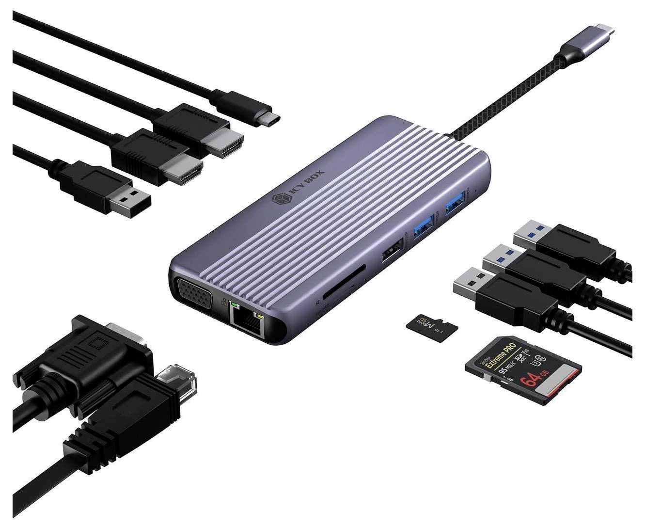 Přenosný USB-C hub s HDMI, Ethernetem, porty USB, čtečkou SD karet a součástí balení kabely/adaptéry zobrazené na bílém pozadí