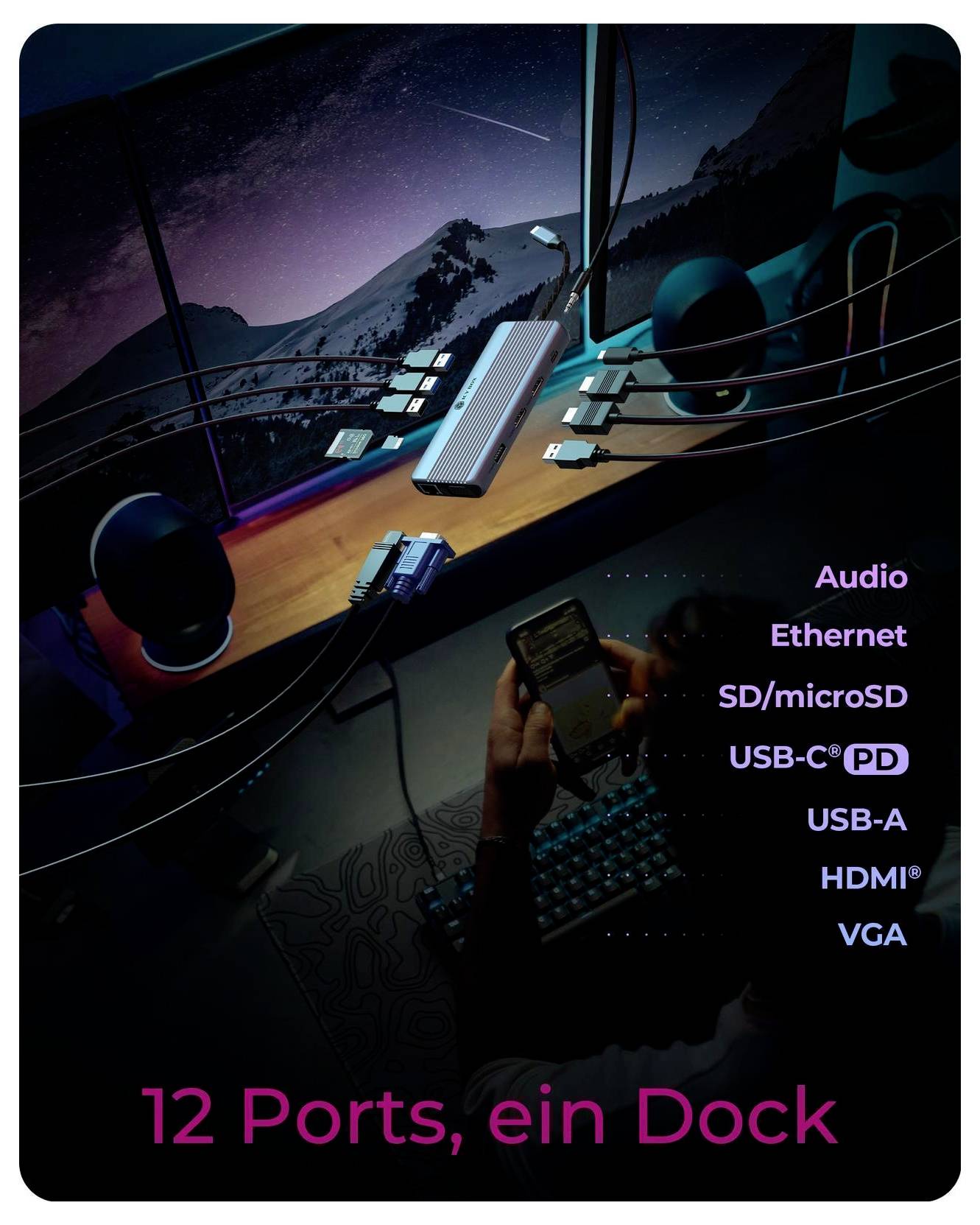 Produktová promo pro dokovací stanici zobrazující dok se 12 porty a označenými připojeními: Audio, Ethernet, SD/microSD, USB-C PD, USB-A, HDMI, VGA.