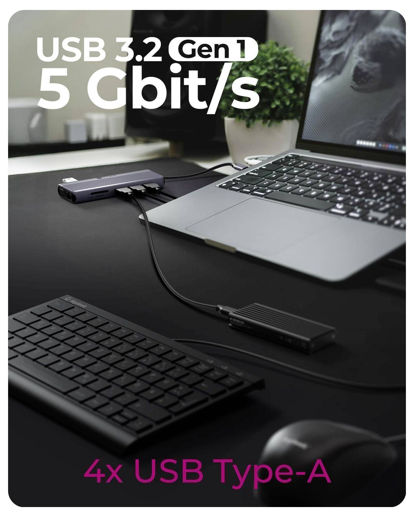 Marketingový obrázek notebooku připojeného k USB hubu a klávesnici, zvýrazňující konektivitu 'USB 3.2 Gen 1', '5 Gbit/s' a '4x USB Type-A'.