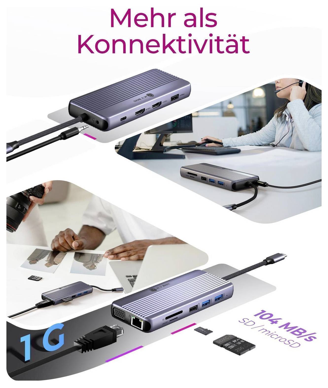 Český propagační grafický návrh s názvem 'Více než pouhá konektivita' zobrazující USB-C hub s více porty, připojený k notebooku, monitoru a kartám SD/microSD, zdůrazňující rychlost 10x vyšší než sítí 1G.