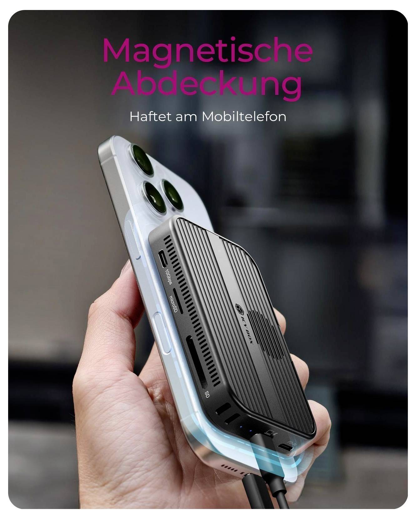 Ruka držící chytrý telefon s magnetickým ochranným pouzdrem připevněným na zadní straně; text říká "Magnetické pouzdro" a "Přilnutí k mobilnímu telefonu".