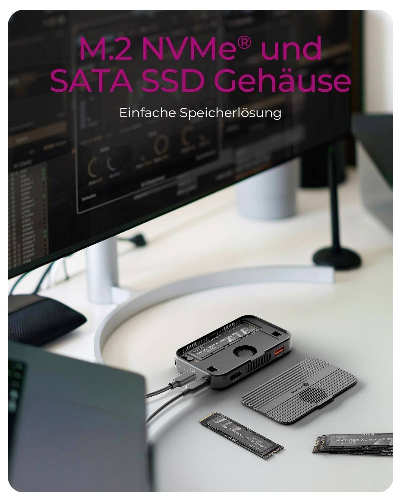 Obrázek produktu pouzdra M.2 NVMe a SATA SSD na stole, s německým textem „M.2 NVMe® a SATA SSD pouzdro" a „Jednoduché řešení pro úložiště".