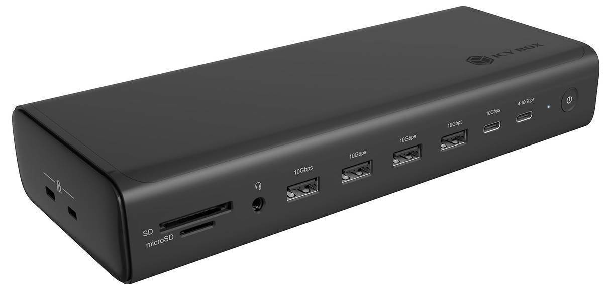 Černý obdélníkový dok nebo hub s několika předními porty, včetně microSD, USB-A, USB-C, HDMI, Ethernetu a sluchátka.