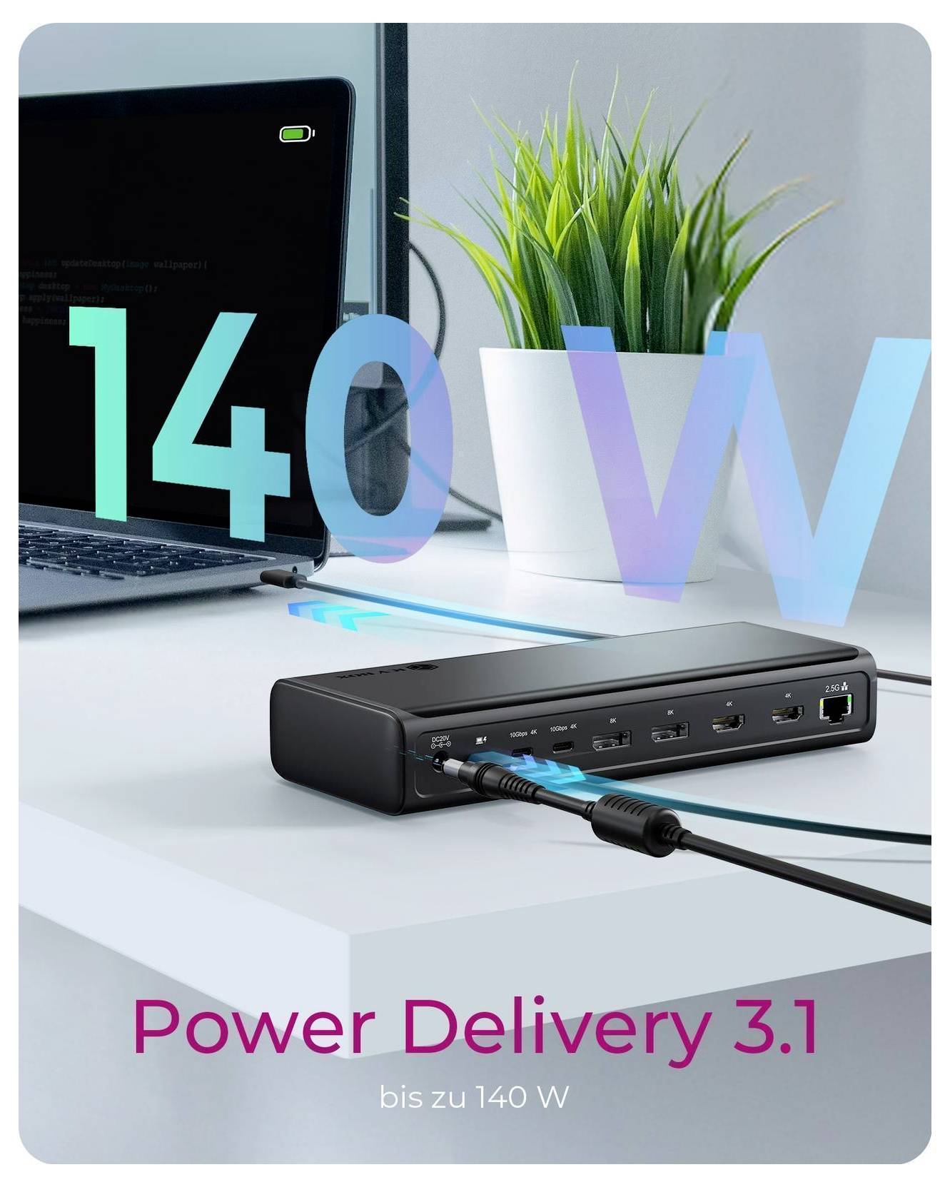 Laptop připojený k dokovací stanici USB-C s velkým textem „140W" a titulkem „Power Delivery 3.1 až 140 W".