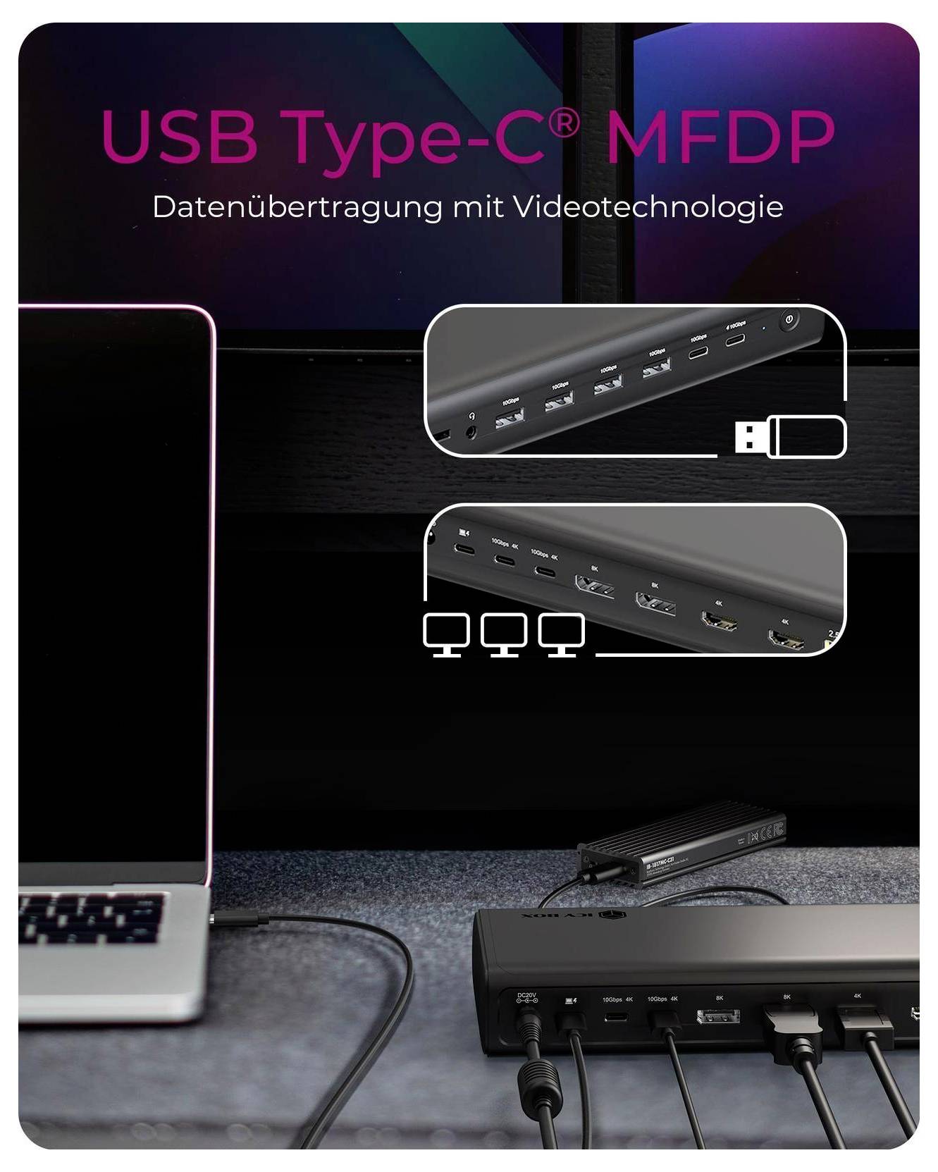Propagační obrázek pro 'USB Type-C® MFDP' s německým textem 'Přenos dat s video technologií', zobrazující notebook připojený k dokovací stanici a více portů.