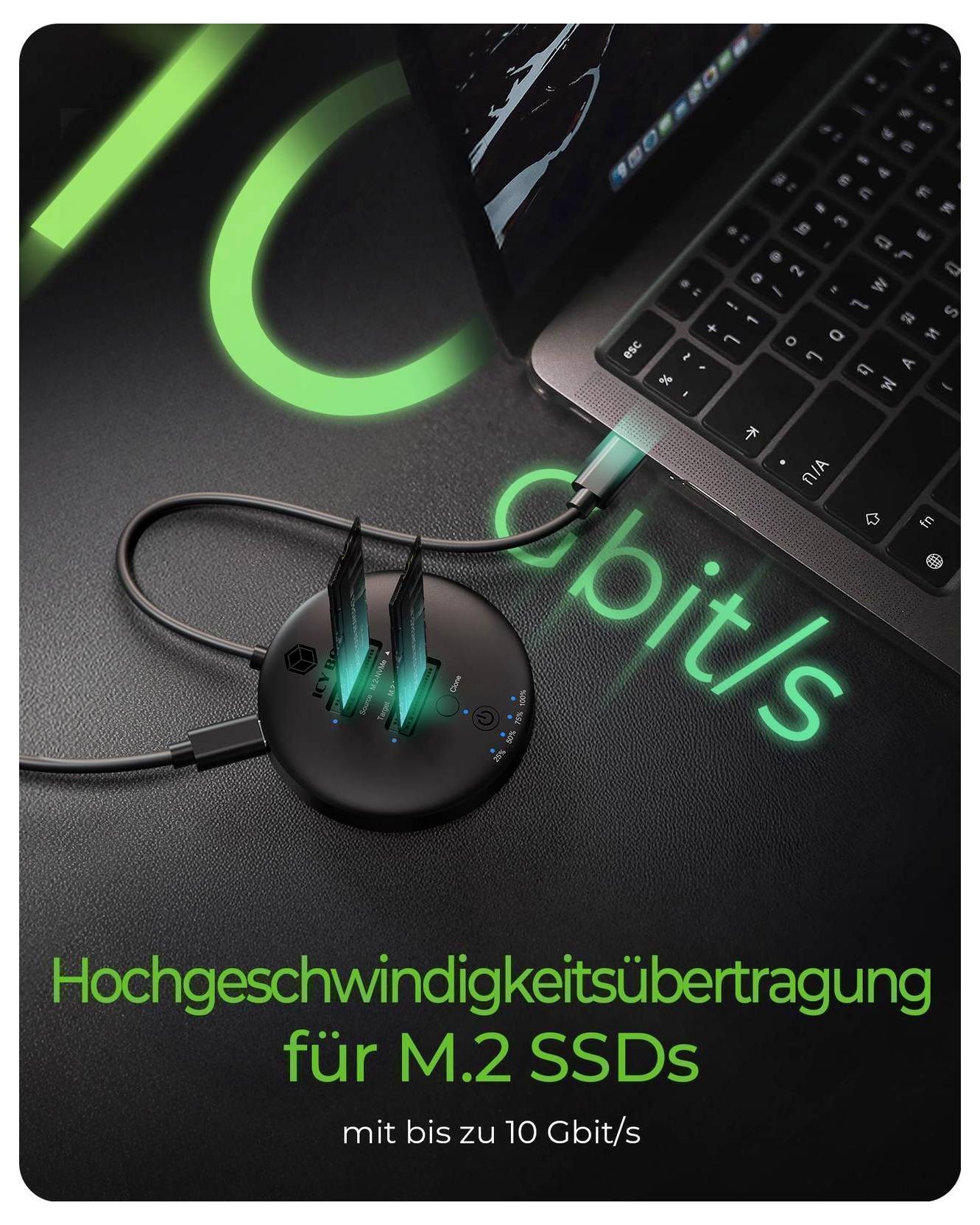 Propagační grafika skříňky M.2 SSD připojené k notebooku se zvýrazněním "Vysokorychlostní přenos pro M.2 SSD" a "až 10 Gbit/s".