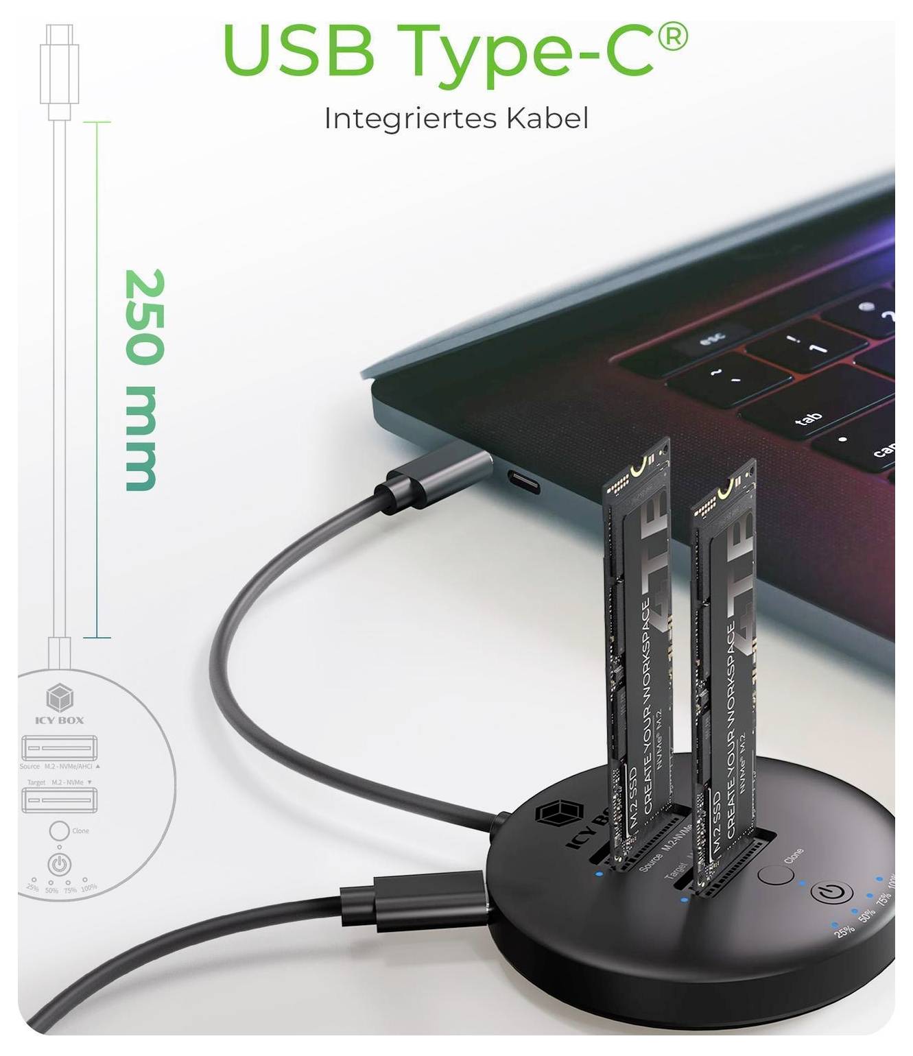 Obraz produktu USB Type-C s integrovaným kabelem zobrazující notebook připojený k kulatému rozbočovači se dvěma USB jednotkami; označeny '250 mm' a 'Integrovaný kabel'.