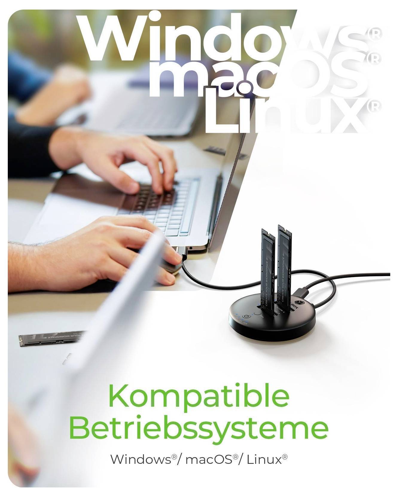 Propagační grafika zobrazující notebook s dokovací stanicí a německý text "Kompatible Betriebssysteme" s logy Windows, macOS a Linux, což označuje kompatibilitu s různými platformami.