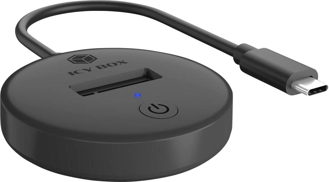 Kulatý černý ICY BOX USB-C adaptér dock s přiloženým kabelem, USB-C zásuvkou, modrým LED a tlačítkem napájení.