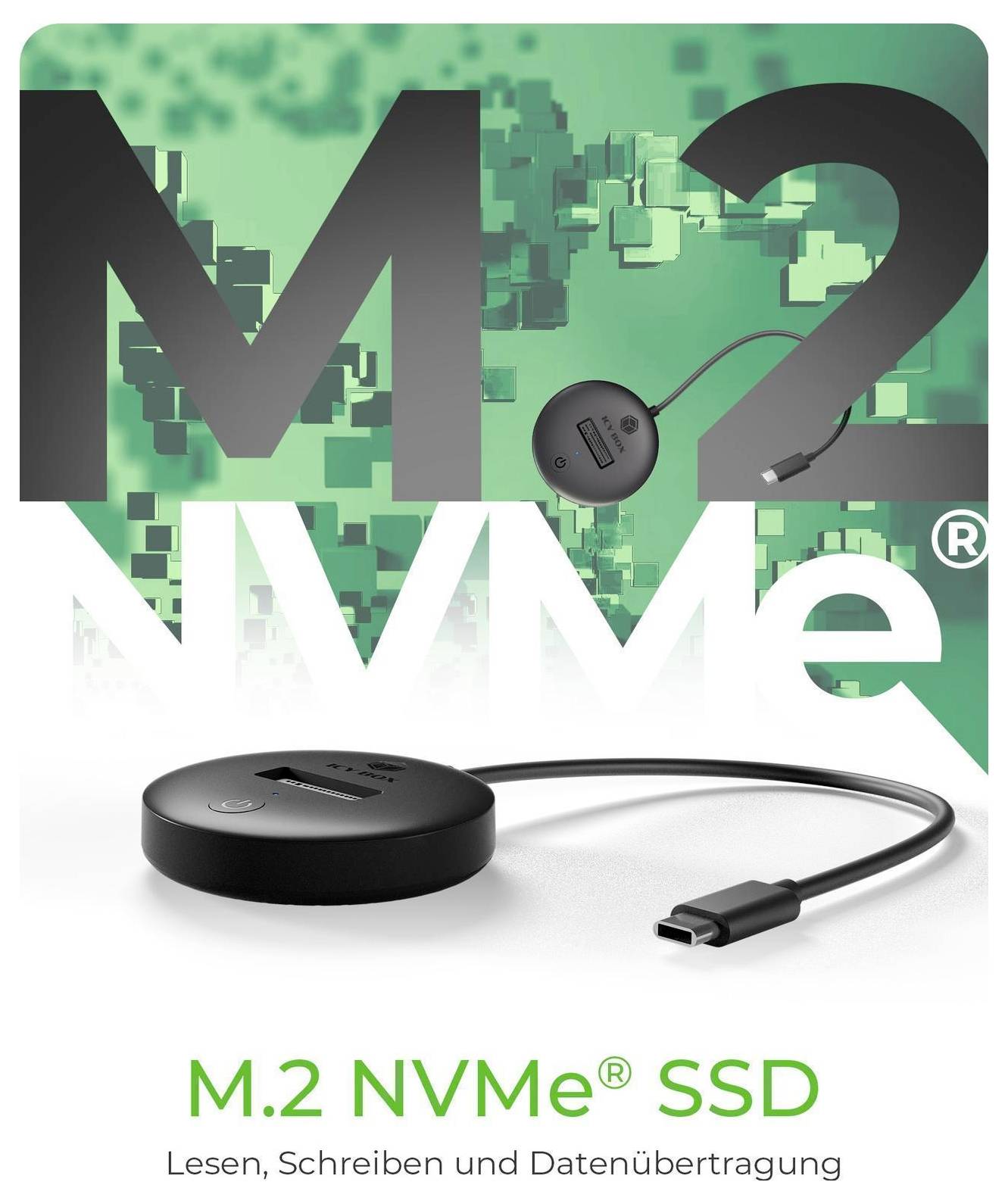 Balení produktu pro M.2 NVMe SSD s černým adaptérním kabelem USB-C a textem „M.2 NVMe SSD" a „Čtení, zápis a přenos dat".